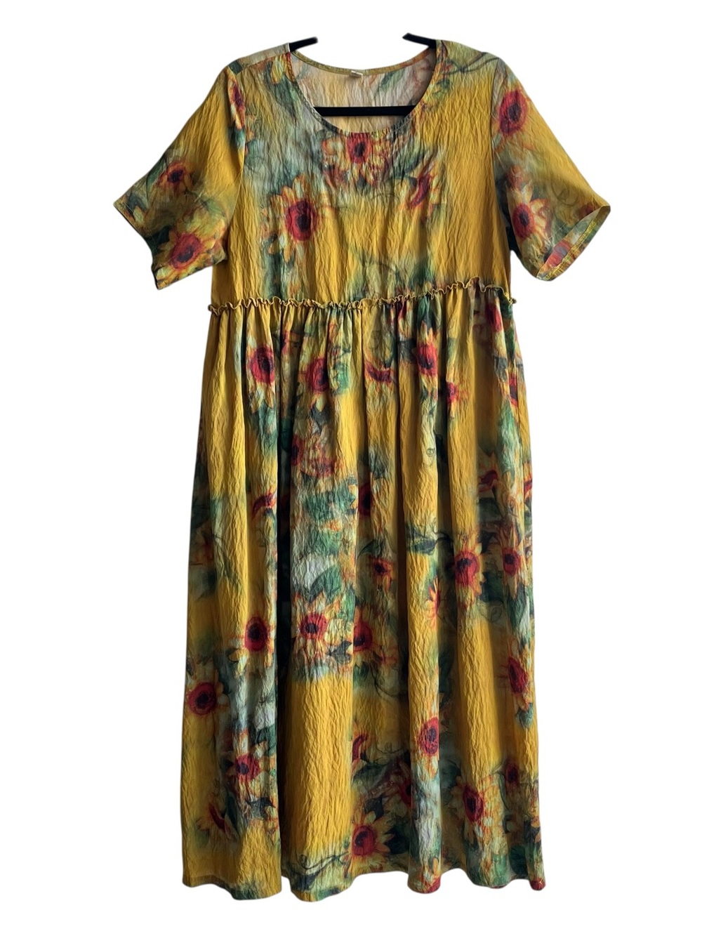 Sunflower Floral Dress Crinkle Texture Empire Waist Lagenlook Mori Girl Boho M